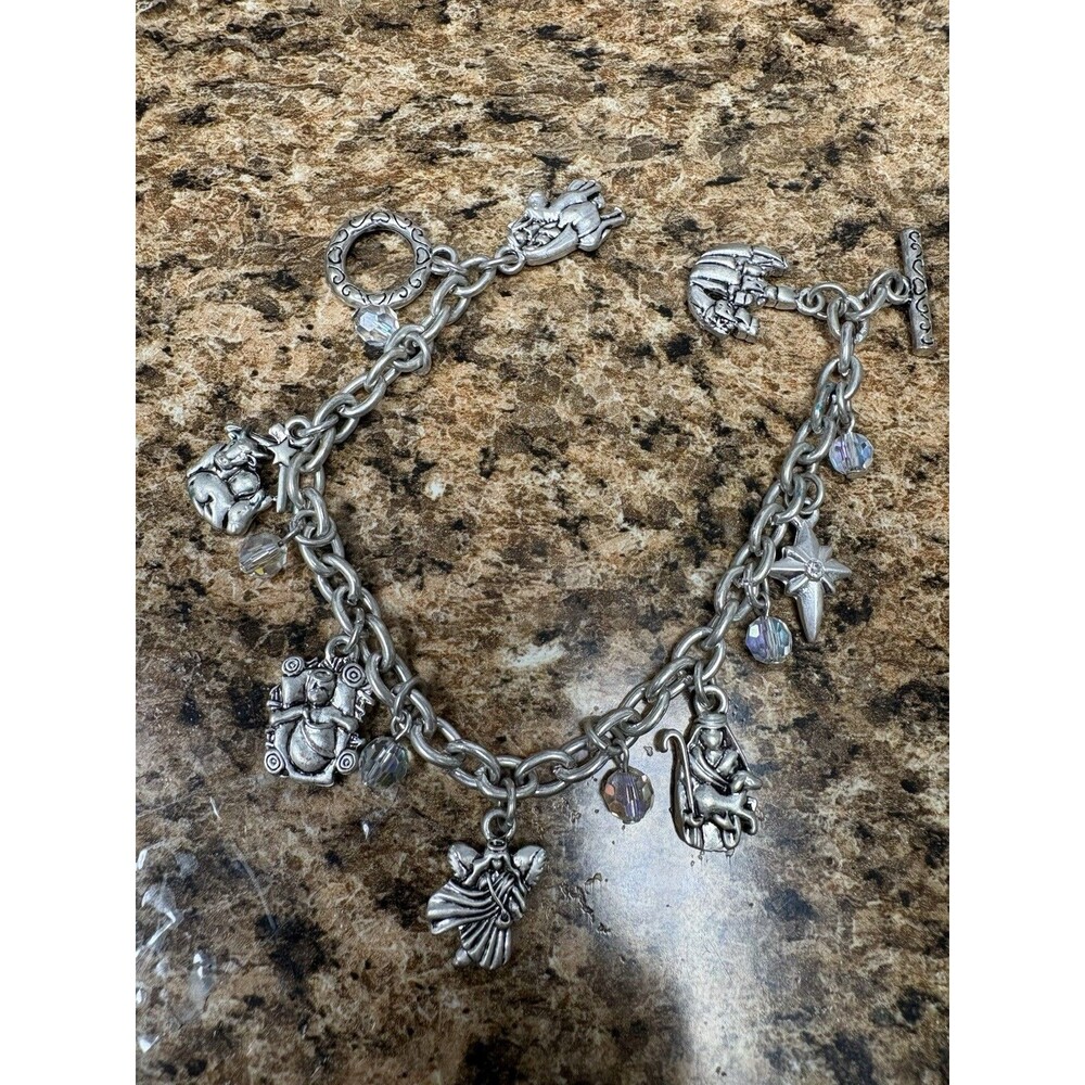 Christian Nativity Charm Bracelet Angels Shepherd Star Silver Tone AB Toggle